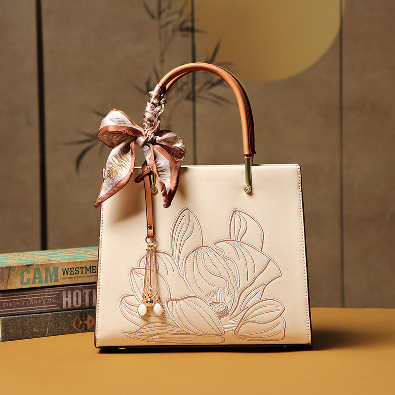 Spring Elegant Graceful Mother Chinese Embroidery Large Capacity Office Handbag