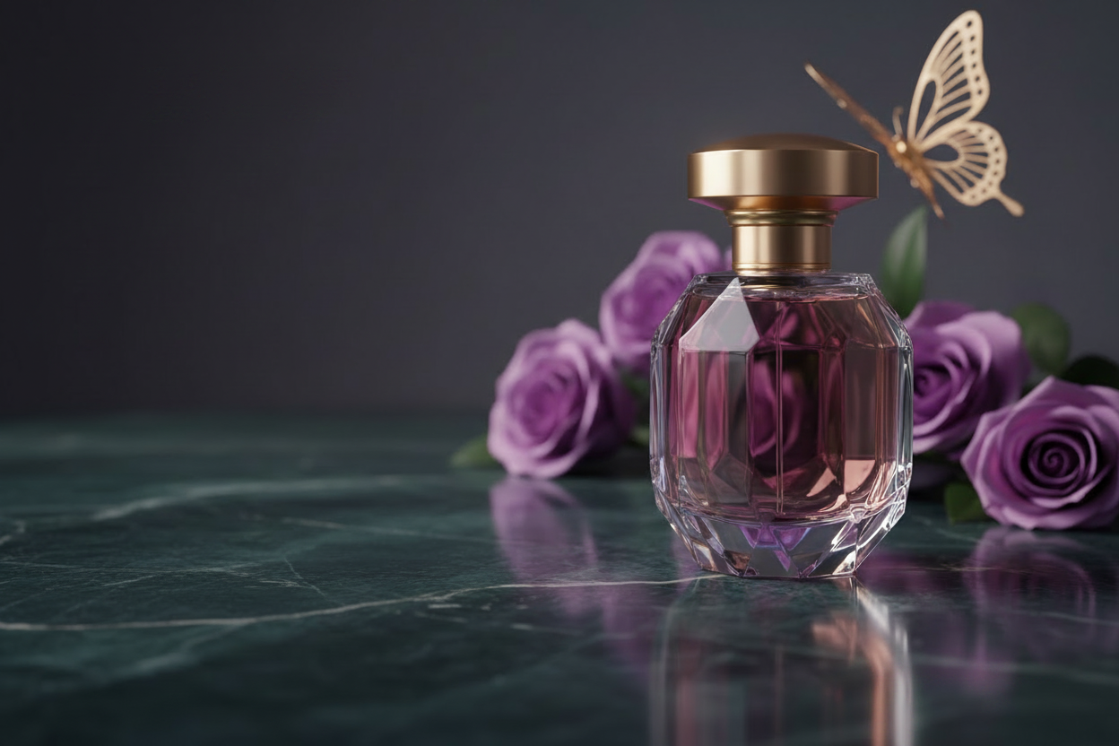 Perfume bottle with gold cap on a reflective surface surrounded by purple roses.